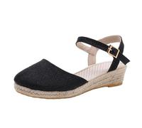 Women's Linen Sandals | Closed Toe Closed Toe, Adjustable Buckle Ankle Strap Back, Braided Edge Wedge Sole | Bohemian Style Casual Espadrilles for Going Out, Vacation, 01 Black, 7 UK