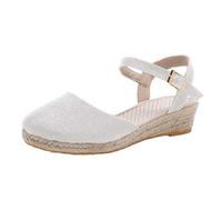 Women's Linen Sandals | Closed Toe Closed Toe, Adjustable Buckle Ankle Strap Back, Braided Edge Wedge Sole | Bohemian Style Casual Espadrilles for Going Out, Vacation, 01 White, 4 UK