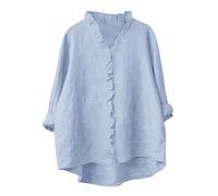 Womens Linen Shirt Casual Long Sleeve Blouses Cotton Linen Oversized Tops V Neck Button Down Shirts Basic Loose Tunic T Shirts Summer Loose Baggy T-Shirt Ladies Elegant Office Work Top Light Blue