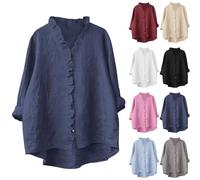 Womens Linen Shirt Casual Long Sleeve Blouses Cotton Linen Oversized Tops V Neck Button Down Shirts Basic Loose Tunic T Shirts Summer Loose Baggy T-Shirt Ladies Elegant Office Work Top Navy