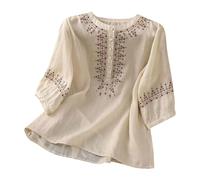 Womens Linen Shirt Oversized Embroidery Linen Tunic Tops Retro Jacquard V-Neck Long Sleeve Boho Blouse Casual Loose Fit Flowy Hem Tee Shirt Lightweight Beach Wear Blouse (Beige,L) VD97