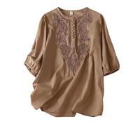 Women's Linen Shirt Summer Tunic Top - Boho Short Sleeve Blouse, Loose Casual Tee with Flowy Hem for Beach Holiday & Office Wear Khaki