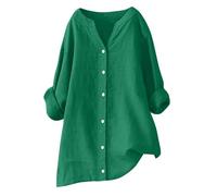 Womens Linen Shirt Tops Long Sleeve Button Down Summer Blouses V Neck Casual Roll Up Loose Tees Dressy Blouse Office Work Ladies Tops Plus Size Solid Color T-Shirt 2025