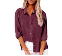 Womens Linen Shirt Tops Long Sleeve Button Down Summer Blouses V Neck Roll Up Loose Tees Dressy Blouse Office Work Ladies Tops Casual Plus Size Solid Color T-Shirt 2025