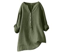 Womens Linen Shirt Tops Long Sleeve Casual Button up Summer Blouses V Neck Roll Up Loose Tees Dressy Blouse Office Work Ladies Tops Plus Size Solid Color T-Shirt 2025