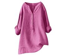 Womens Linen Shirt Tops Long Sleeve Casual Button up Summer Blouses V Neck Roll Up Loose Tees Dressy Blouse Office Work Ladies Tops Plus Size Solid Color T-Shirt 2025