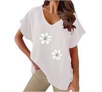 Womens Linen Shirt Tops Short Sleeve Casual Blouses V Neck Loose Tees Roll Up Dressy Blouse Office Work Ladies Tops Comfy Plus Size Flower Print T-Shirt 2025 Blanco