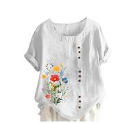 Womens Linen Shirt Tops Short Sleeve Casual Button Down Blouses Round Neck Loose Tees Dressy Blouse Office Work Ladies Tops Comfy Plus Size Print T-Shirt 2025