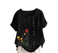 Womens Linen Shirt Tops Short Sleeve Casual Button Down Blouses Round Neck Loose Tees Dressy Blouse Office Work Ladies Tops Comfy Plus Size Print T-Shirt 2025
