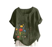 Womens Linen Shirt Tops Short Sleeve Casual Button Down Blouses Round Neck Loose Tees Dressy Blouse Office Work Ladies Tops Comfy Plus Size Print T-Shirt 2025