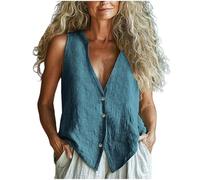 Women's Linen Shirt Vest Cotton Linen Sleeveless Tank Tops Solid V Neck Button Front Jacket Waistcoat Loose Tunic T-Shirts Casual Fashion Blouse for Smart Summer Layering