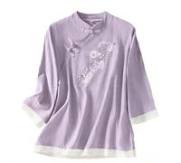 Women's Linen Shirts Floral Embroidered Chinese Traditional Mandarin Collar Summer Shirt 3/4 Sleeve Button Up Blouses