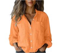 Womens Linen Shirts Short Sleeve Button Down Blouse Lapel Neck Business Office Work Tops Summer Casual Blouses 2025 Fashion Solid Loose Fit Tee Shirts Ladies Elegant Shirt with 2 Pockets Orange