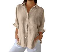 Womens Linen Shirts UK Sale Clearance Long Sleeve Tops Button Down Blouses Cotton Linen Tunic Tops Ladies Loose Casual Lapel Neck Shirt Plain Longline Blouses Solid Color T-Shirts Going Out Top
