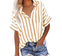 Womens Linen Shirts UK Short Sleeve Button Down Lapel Neck Tops Summer Casual Striped Print Blouses 2024 Fashion Loose Fit Tee Shirts Ladies Elegant Tops