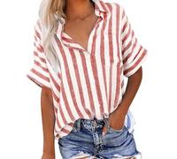 Womens Linen Shirts UK Short Sleeve Button Down Lapel Neck Tops Summer Casual Striped Print Blouses 2024 Fashion Loose Fit Tee Shirts Ladies Elegant Tops