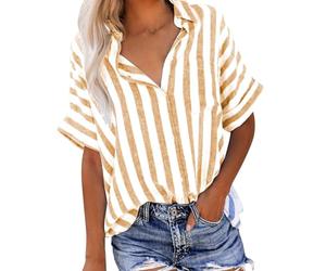 Womens Linen Shirts UK Short Sleeve Button Down Lapel Neck Tops Summer Casual Striped Print Blouses 2024 Fashion Loose Fit Tee Shirts Ladies Elegant Tops