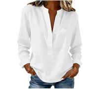 Womens Linen Shirts V Neck Half Button Tops Long Sleeve Blouses Ladies Cotton Linen Shirts Solid Color Loose T Shirt Going Out Holiday Tee Shirt Office Work Top Ladies Oversized Blouses White