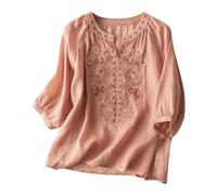 Womens Linen Shirts Vintage Boho Embroidered Cotton-Linen Tops Summer 3/4 Sleeve Button Henley Shirts Casual Loose Peasant Blouses Lagenlook Tunic Top Ladies T-Shirt UK Clearance
