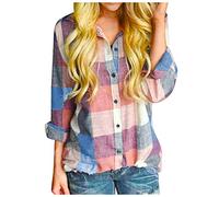 Womens Linen Shirts Women Casual Matching Color Long Sleeve Button Loose Plaid Shirt Blouse Top T Shirts for Women UK Ladies Casual Shirts Loose Prime Deals of The Day Orange