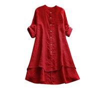 Womens Linen Shirts - Women's Long/Short Sleeve T-Shirt Elegant Buttons Up Sommer Beach Cover-Ups Womens Loose Solid Shirt Oversize Boho 50+ Uv Tunic for Women Tops Red,5XL