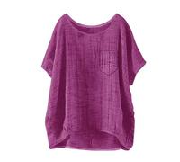 Womens Linen Shirts, Womens Tunic Tops Summer Cotton Linen Short Sleeve T-Shirt Crew Neck Oversized Blouses Baggy Solid Plain Casual Shirt Bubble Hem Tees for Vaction Holiday Purple
