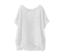 Womens Linen Shirts, Womens Tunic Tops Summer Cotton Linen Short Sleeve T-Shirt Crew Neck Oversized Blouses Baggy Solid Plain Casual Shirt Bubble Hem Tees for Vaction Holiday White