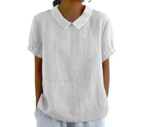Women's Linen Short Sleeve Blouse Tops with Peter Pan Collar and Chest Pocket Breathable Casual Stylish Shirt Solid - White