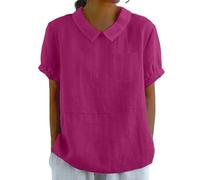 Women's Linen Short Sleeve Blouse with Peter Pan Collar and Chest Pocket - Solid Comfortable, Versatile Shirt for Daily Wear Hot Pink