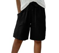Womens Linen Shorts Bermuda Shorts Knee Length Elasticated Waist Short Pants Casual Loose Wide Leg Baggy Short Trousers Vacation Summer Beach Capris with Pockets Ladies Bottoms S-3XL