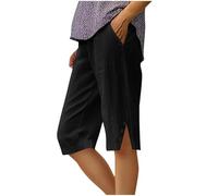 Womens Linen Shorts Summer Knee Length Bermuda Shorts Lightweight Elastic High Waist Plus Size Straight Wide Leg Ladies Casual Comfy Capri Pants with Pockets Black