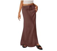 Women's Linen Skirts Ladies Summer Skirts Retro Cotton and Linen Maxi Skirt Elasticated Waist Flowy Full Length Skirt Lace up Retro Casual Half Dress UK Sale Clearance Brown
