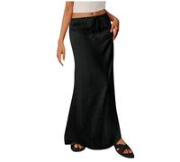 Women's Linen Skirts Ladies Summer Skirts Retro Cotton and Linen Maxi Skirt Elasticated Waist Flowy Full Length Skirt Lace up Retro Casual Half Dress Black