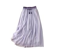 Women's Linen Skirts Ladies Summer Skirts Retro Double Layered Cotton and Linen Midi Skirt Elasticated Waist Flowy Swing Midi Length Skirt Lace up Retro Casual Half Dress UK Sale Clearance Purple