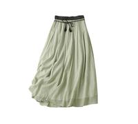 Women's Linen Skirts Ladies Summer Skirts Retro Double Layered Cotton and Linen Midi Skirt Elasticated Waist Flowy Swing Midi Length Skirt Lace up Retro Casual Half Dress UK Sale Clearance Green