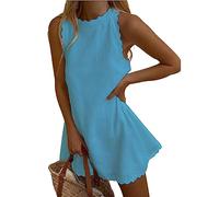 Women's Linen Solid Halter Scallop Casual Mini Dress - Back Zipper Summer Beach Sundress (A-Light Blue, XL)