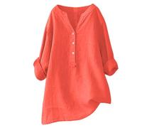 Women's Linen Spring Shirts Rolled Sleeve 3/4 Sleeve Gauze Spring 2024 Tops Solid Loose Fit Flowy Tshirt Cotton Oversized V Neck Summer Ladies Long Sleeve Stand Collar Button Down Orange