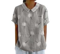 Women's Linen Summer Tops Basic Indian Spring Tunic Womens Clothes Sale Clearance Women's Linen Lapel Art Floral Round Neck Gifts Pullover Top Casual Shirt T-Shirts (01-A-Grey, XXXXL)