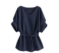 Women's Linen T-Shirt V Neck Short Sleeve Batwing Loose Plus Size Waisted Pocket Summer Breathable Beach Casual Ladies Solid Color Basic Top Navy XXL