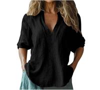 Womens Linen Tee Shirts UK Clearance,Ladies 3/4 Sleeve Tops Elegant V Neck Collared T-Shirt Plain Italian Cotton Blouses Casual Loose Fit Beach Boho Office Work Lagenlook Tunic Top