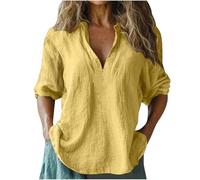 Womens Linen Tee Shirts UK Clearance,Ladies 3/4 Sleeve Tops Elegant V Neck Collared T-Shirt Plain Italian Cotton Blouses Casual Loose Fit Beach Boho Office Work Lagenlook Tunic Top