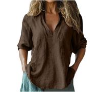 Womens Linen Tee Shirts UK Clearance,Ladies 3/4 Sleeve Tops Elegant V Neck Collared T-Shirt Plain Italian Cotton Blouses Casual Loose Fit Beach Boho Office Work Lagenlook Tunic Top
