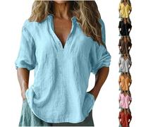 Womens Linen Tee Shirts UK Sale Clearance,Ladies 3/4 Sleeve Tops Elegant V Neck Collared T-Shirt Plain Italian Cotton Blouses Casual Loose Fit Beach Boho Office Work Lagenlook Tunic Top