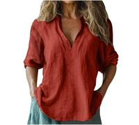 Womens Linen Tee Shirts UK Sale Clearance,Ladies 3/4 Sleeve Tops Elegant V Neck Collared T-Shirt Plain Italian Cotton Blouses Casual Loose Fit Beach Boho Office Work Lagenlook Tunic Top