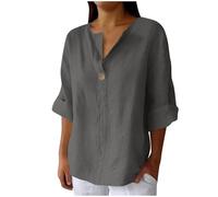 Women's Linen Tops 3/4 Sleeve V Neck Linen Shirt Plus Size Ladies Oversized Summer T-Shirt Elegant Blouse Casual Loose Tee Shirts Lagenlook Longline Work Tunic Top UK Sale Clearance