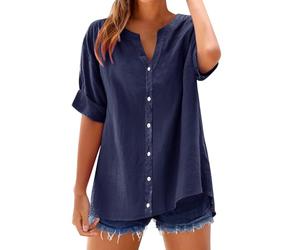Womens Linen Tops and Tunics Size 16 Chiffon Spring T Shirt Warehouse Clearance Loose Shirt Top Stand Solid Color Sleeve Collar Casual Women's Shirt 2025 New (01-A-Navy, XXXL)