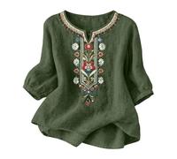 Womens Linen Tops Casual Summer 3/4 Sleeve Boho T-Shirts 2026 Trendy V-Neck Knitted Embroidery Printed Shirts Fashion Vintage Floral Bohemian Tunic Tee Tops