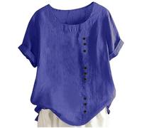 Womens Linen Tops Crew Neck Roll Up Short Sleeve Oversized Shirts Boho Floral Dressy Blouses Chieftains Shirt
