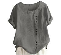Womens Linen Tops Crew Neck Roll Up Short Sleeve Oversized Shirts Boho Floral Dressy Blouses Chieftains Shirt