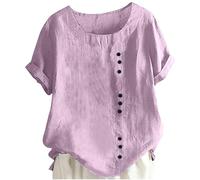 Womens Linen Tops Crew Neck Roll Up Short Sleeve Oversized Shirts Boho Floral Dressy Blouses Chieftains Shirt
